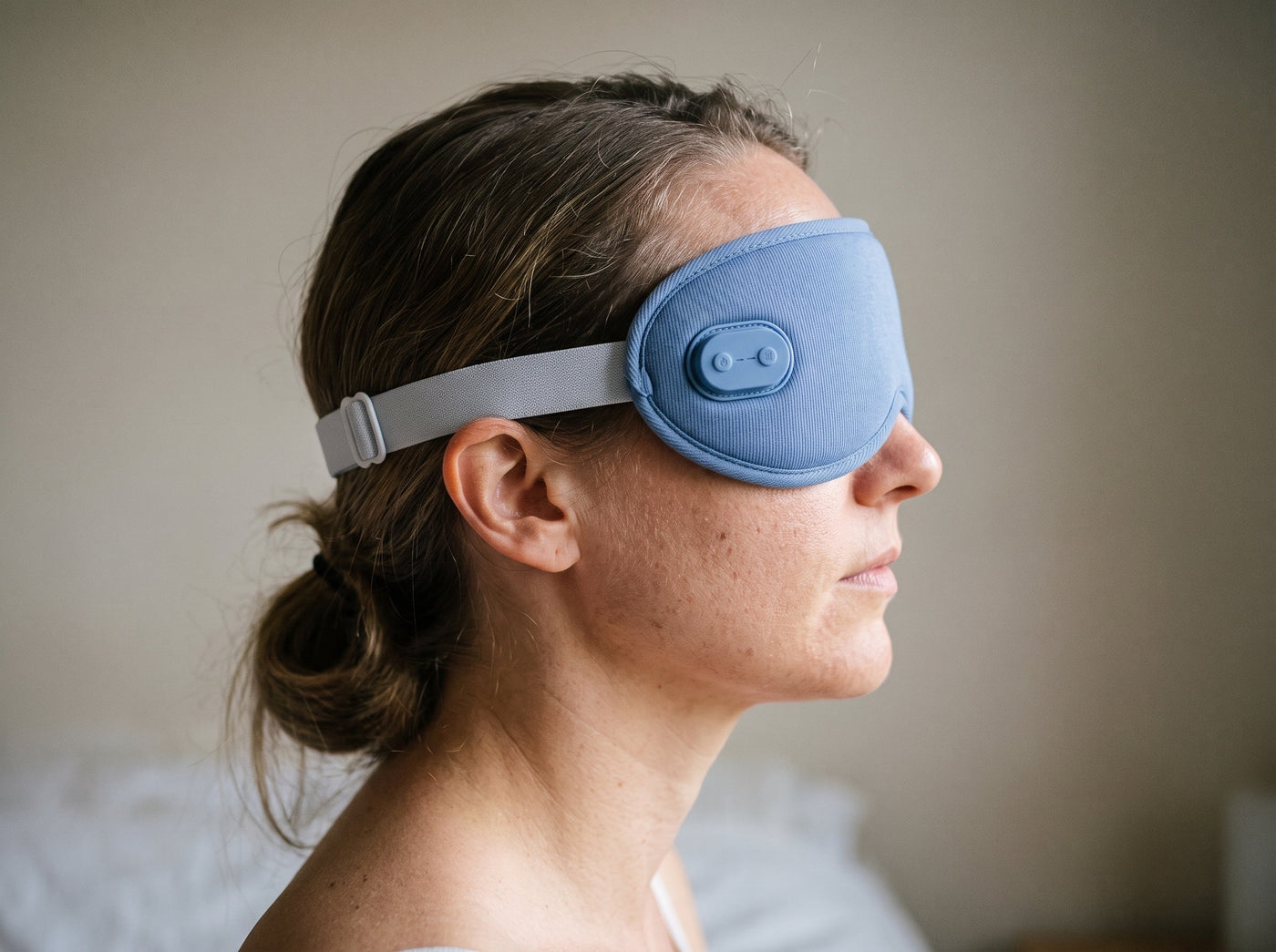 Close-up illustrating eye-mask contour and adjustable strap fit