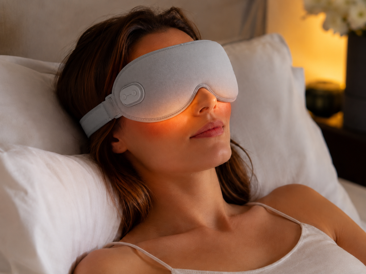 A woman resting back on a pillow wearing the grey mask, with warm light glowing along its lower edge