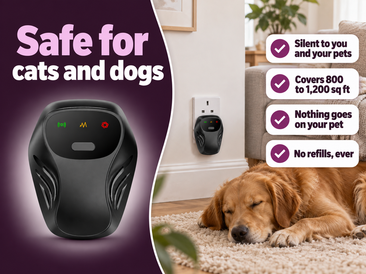 Quietvana plugged into a living room wall with a dog asleep nearby