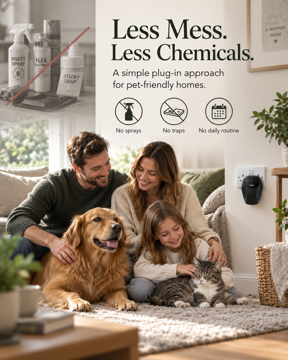 Family with a dog and cat beside a plug-in Quietvana, with sprays, traps and daily routines crossed out