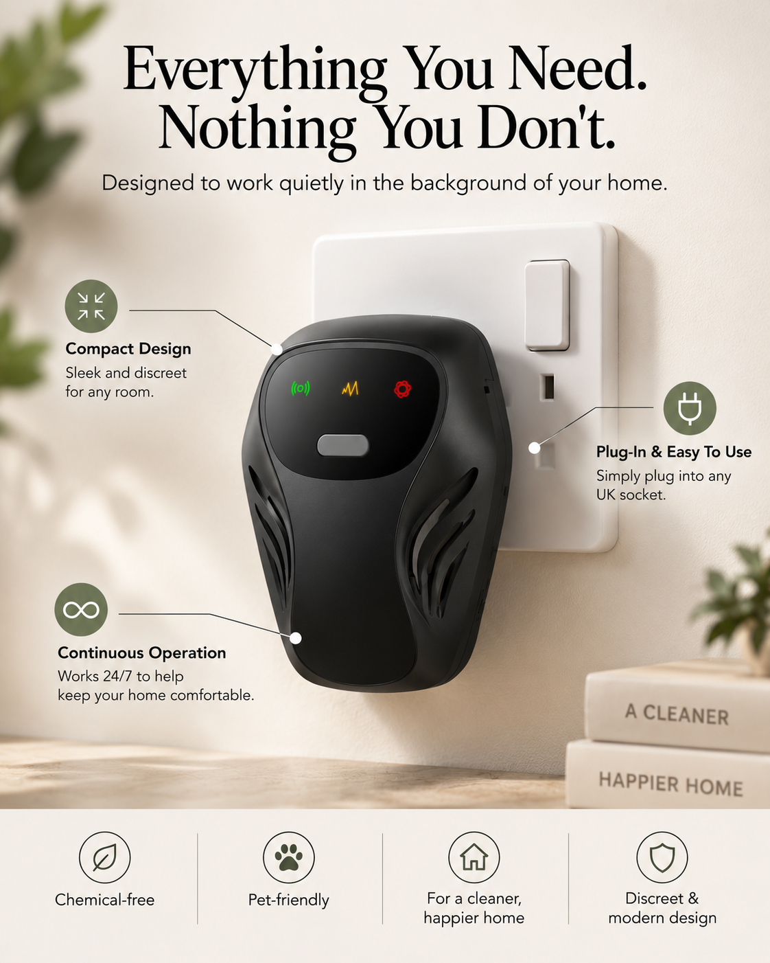 Quietvana repeller in a UK socket with callouts for its compact design, plug-in use and continuous operation