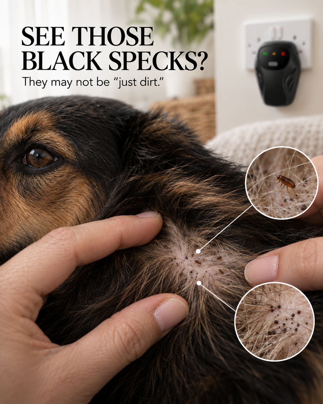 Owner parting a dog's coat to reveal black specks of flea dirt, with magnified insets