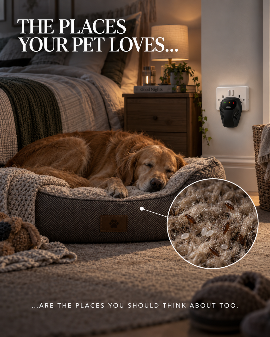 Quietvana repeller plugged into a bedroom socket beside a sleeping dog, with an inset macro of flea larvae in the carpet pile