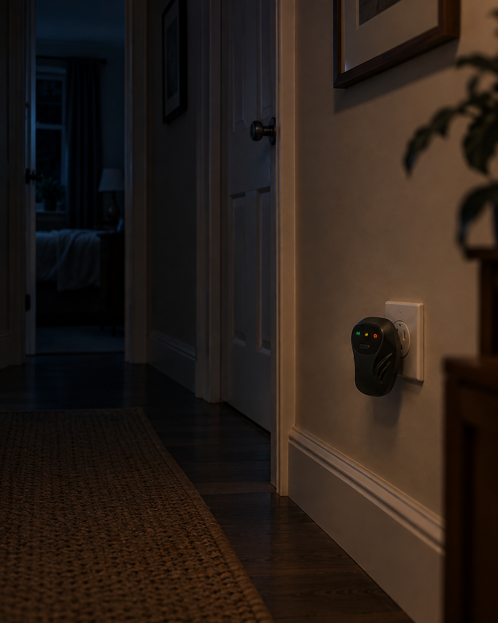 The Quietvana repeller plugged into a hallway socket at night