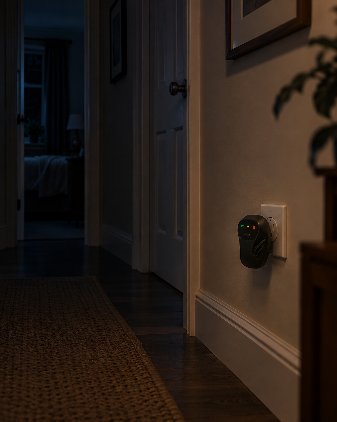 A Quietvana repeller lit in a dark hallway at night