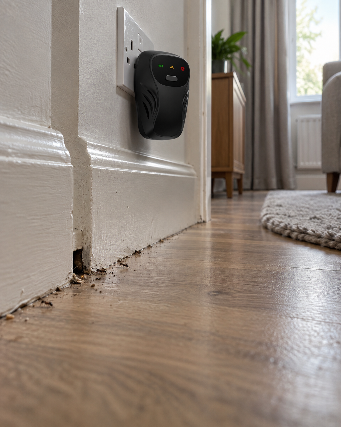 Floor-level view along a skirting board, with a Quietvana repeller plugged in above the gap where the floor meets the wall