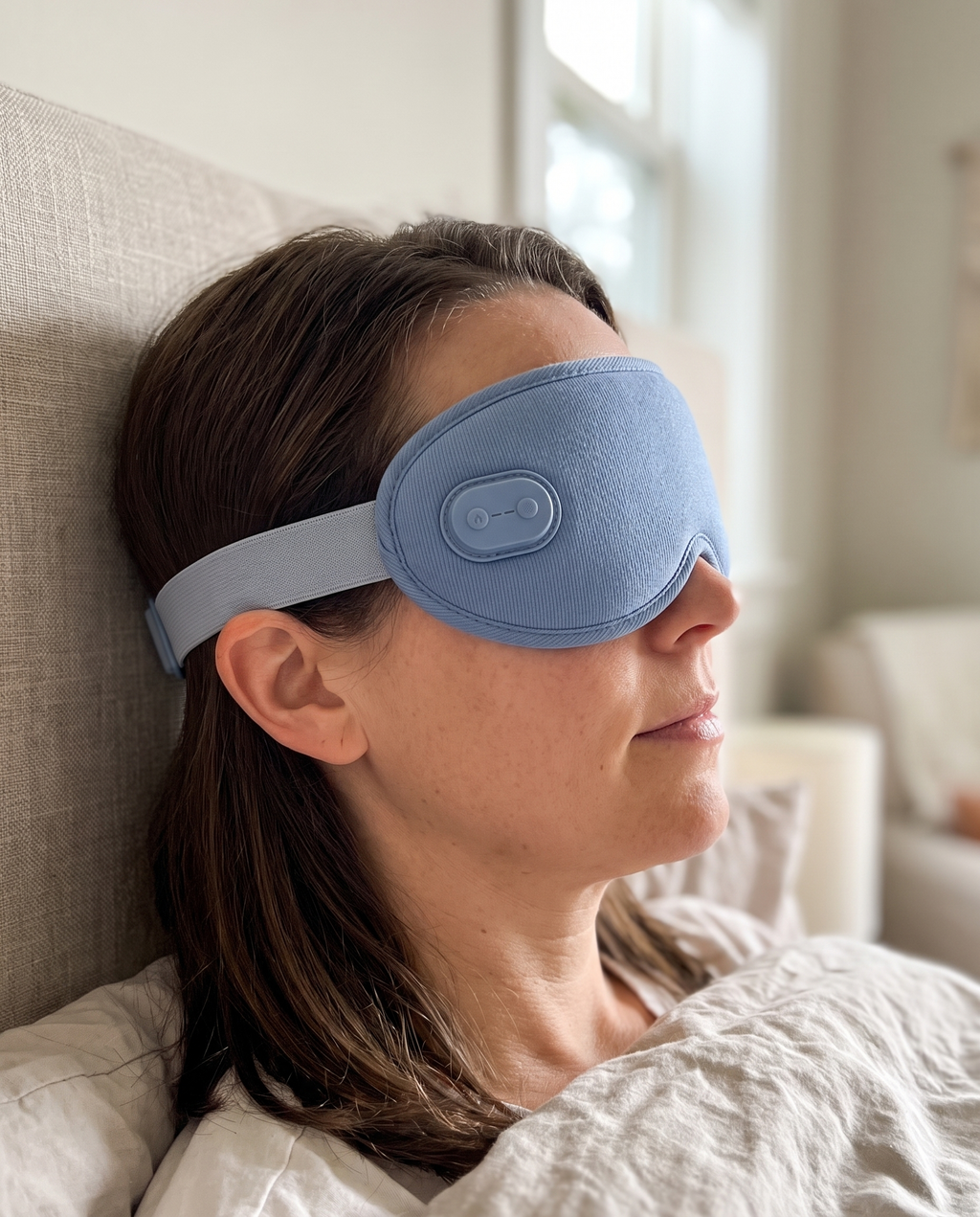 Woman wearing the blue eye mask during an evening routine
