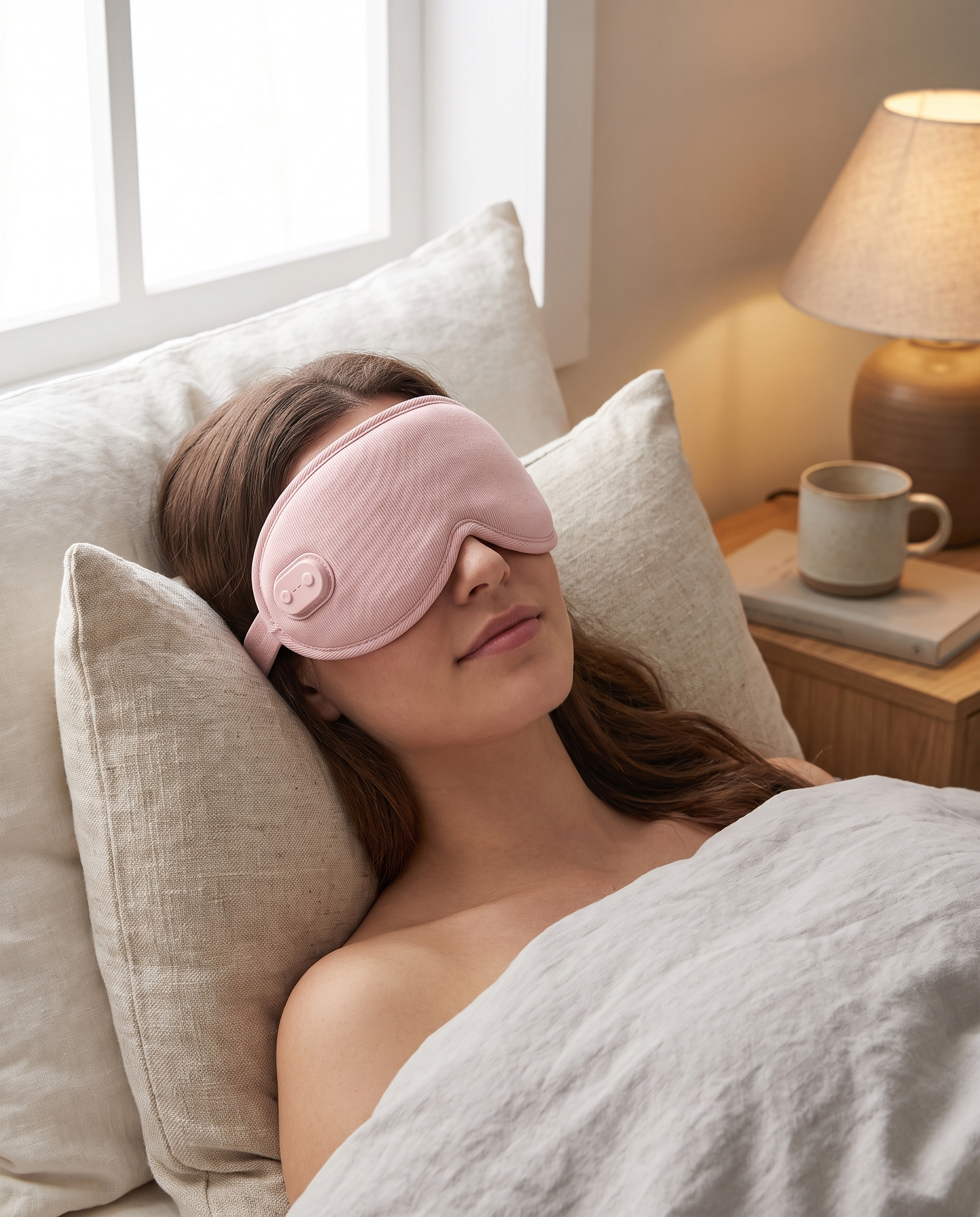 Woman reclining comfortably while wearing the pink eye mask