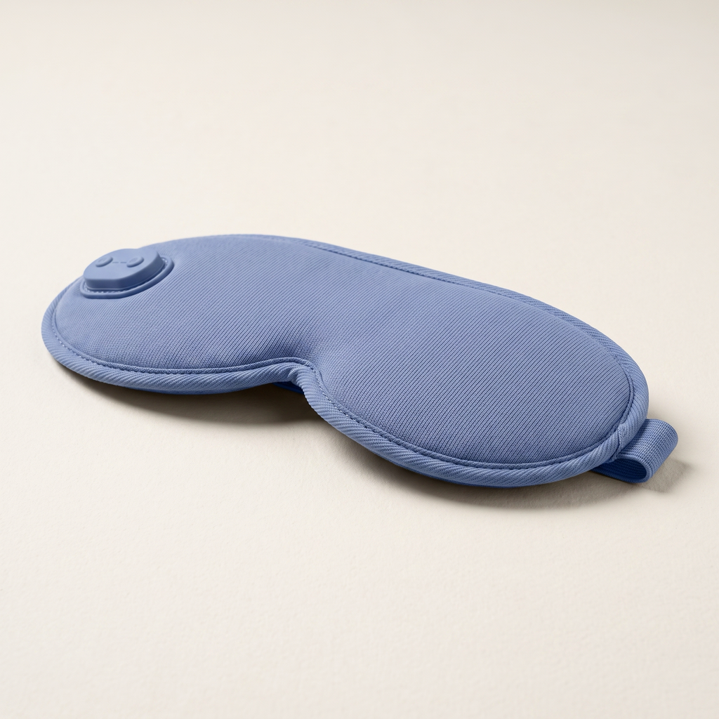 Side profile showing the depth and adjustable strap of the blue eye mask