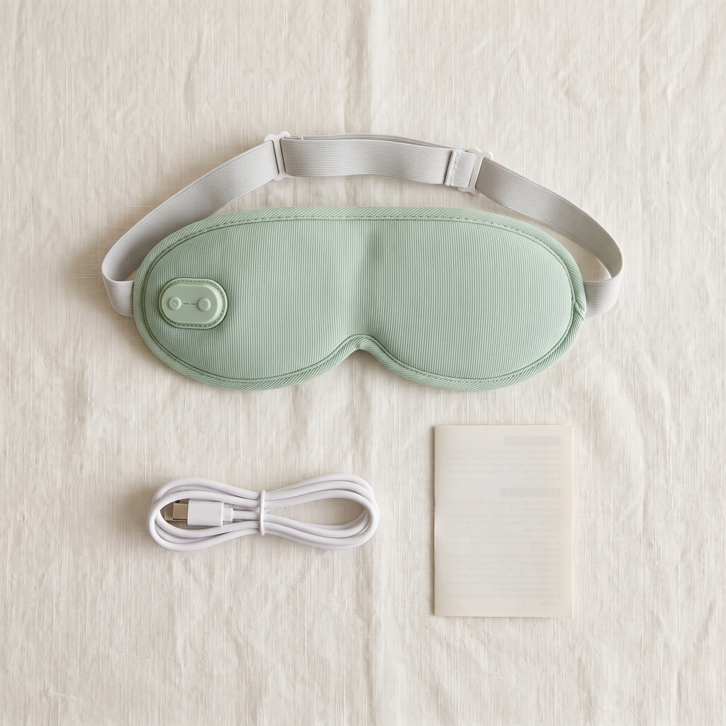 Green eye mask with its USB-C charging cable and English manual laid out on a linen surface