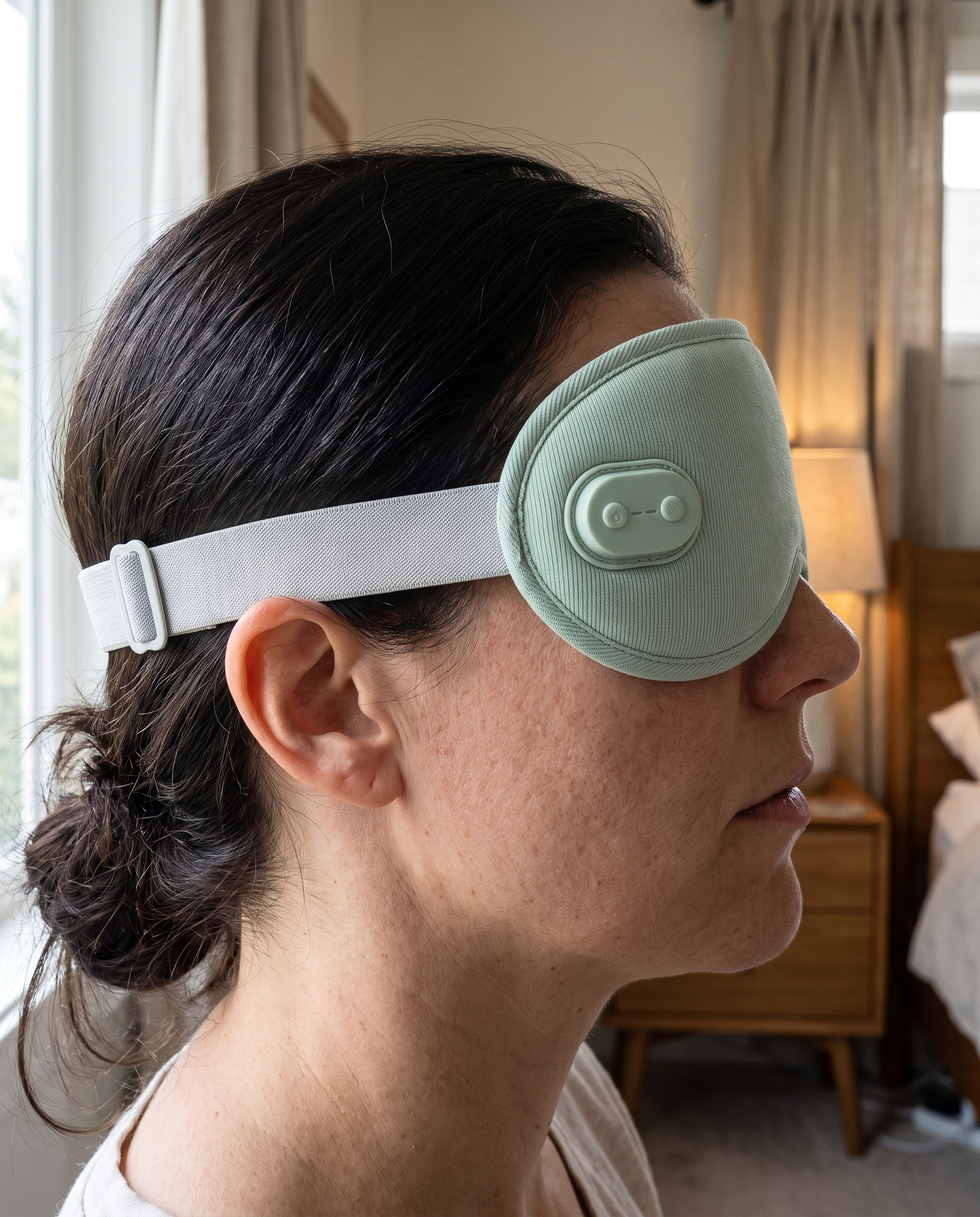 Woman wearing the green eye mask, shown from the side, in a lamp-lit bedroom