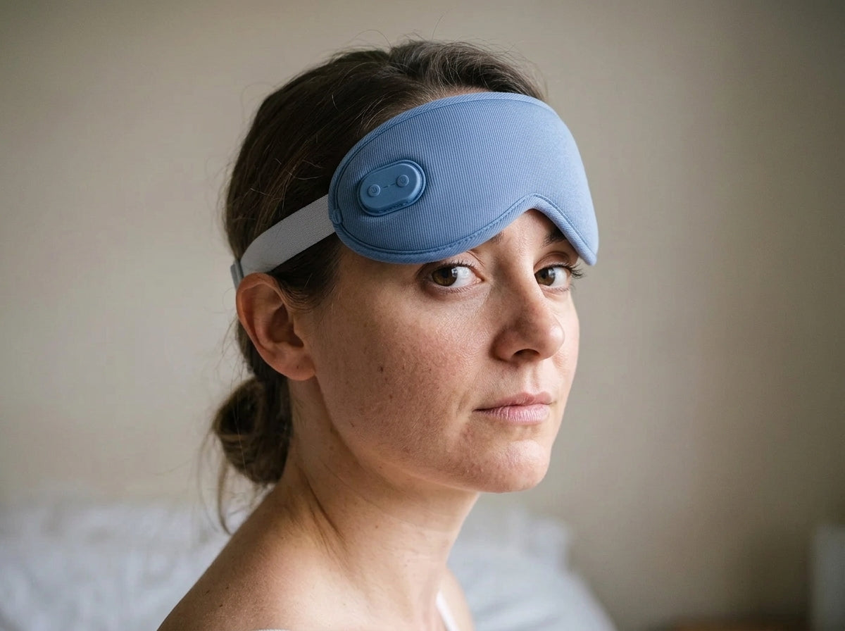 Close-up showing the eye-mask contour and the adjustable strap fit