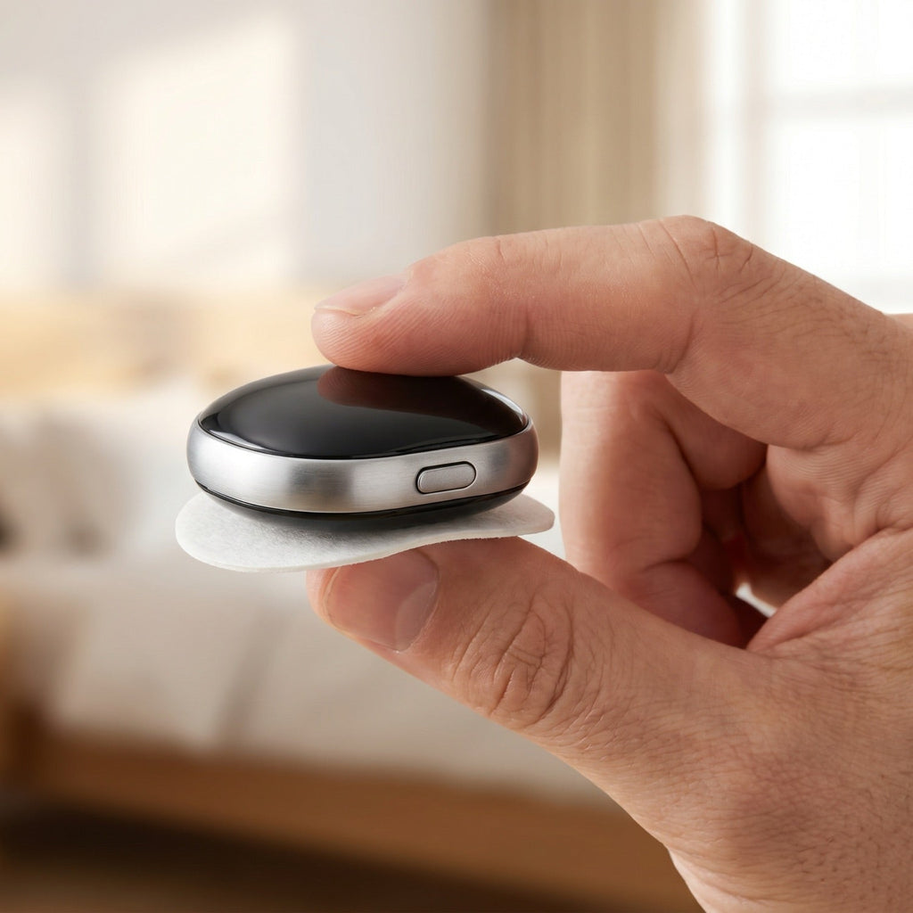 The Quietvana device held between two fingers, showing its small size and soft gel pad
