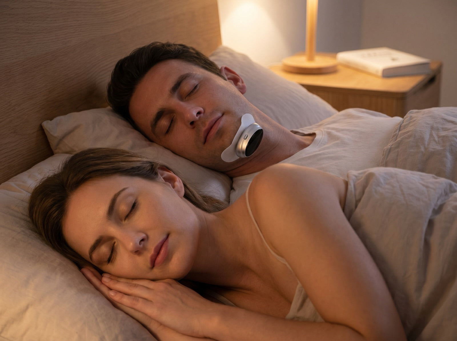 A couple asleep together, the man wearing the Quietvana device, both resting quietly
