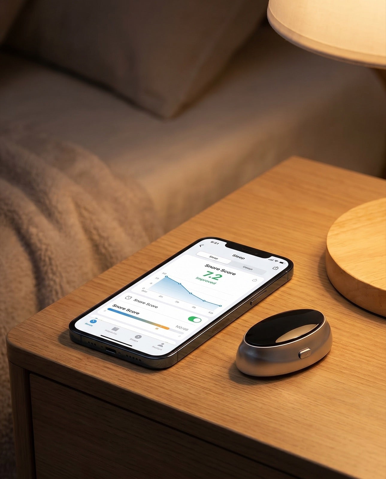 The Quietvana Snore Score app on a phone beside the device on a nightstand