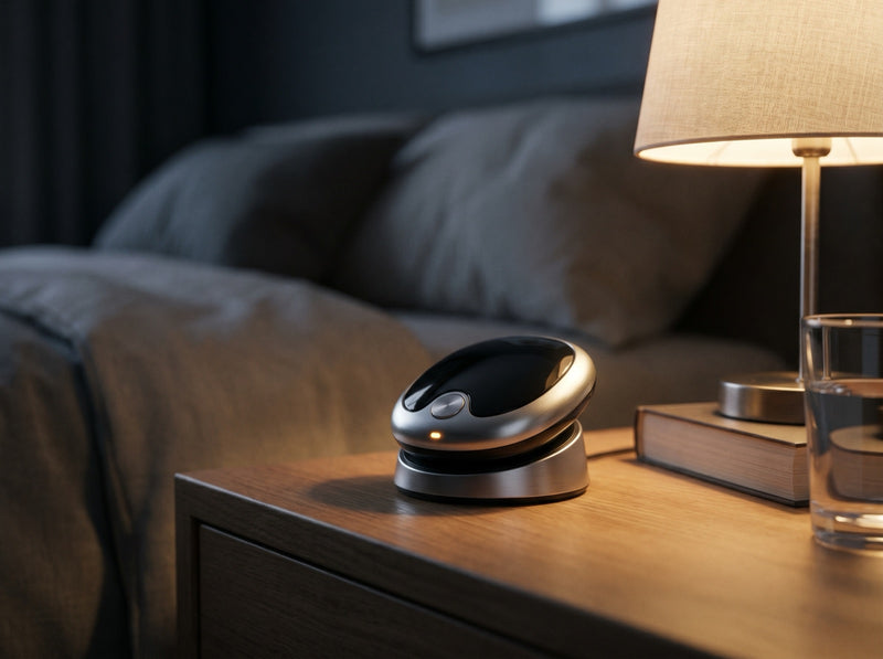 The Stilla device charging on its dock on a bedside table in soft lamplight