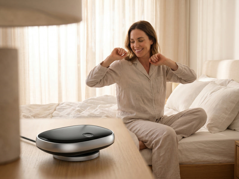 A woman waking up refreshed in the morning with the Stilla device charging nearby